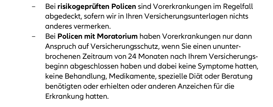 Moratorium-Regelung in den Bedingungen von Allianz Care